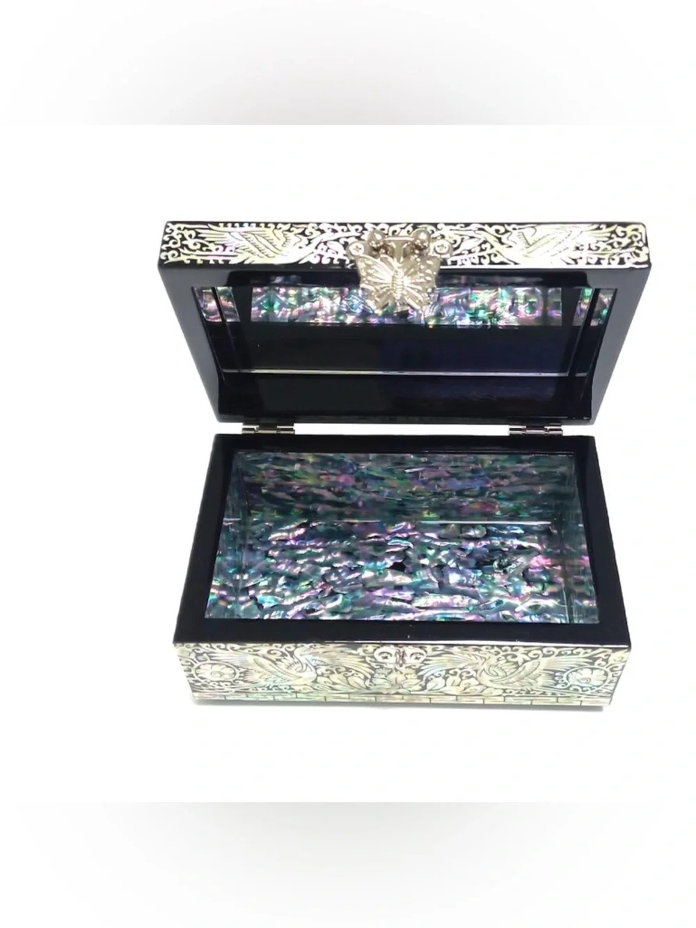 Mother of Pearl Jewelry Box: Crane Pattern Wood Storage